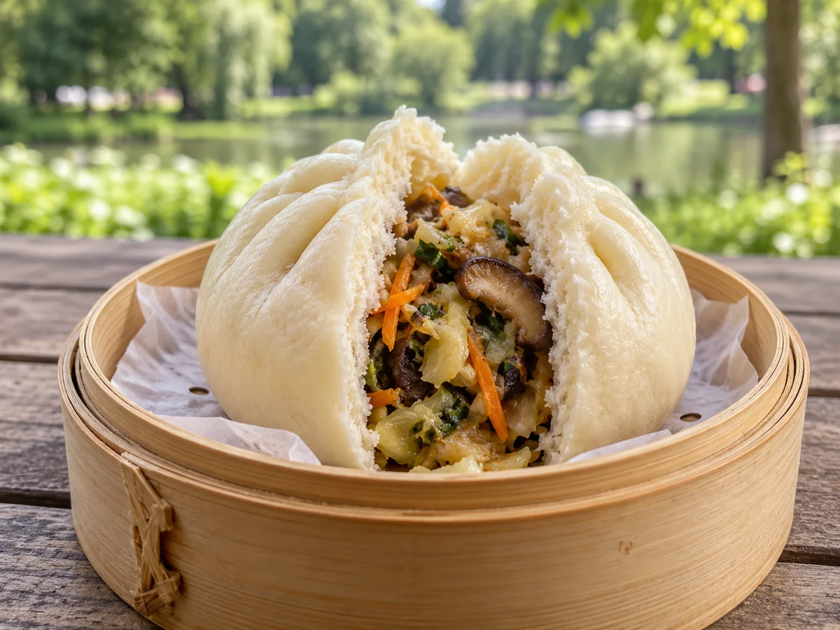 Gedämpftes Bao mit Gemüse als thailändisches Streetfood auf einem sommerlichen Berliner Markt