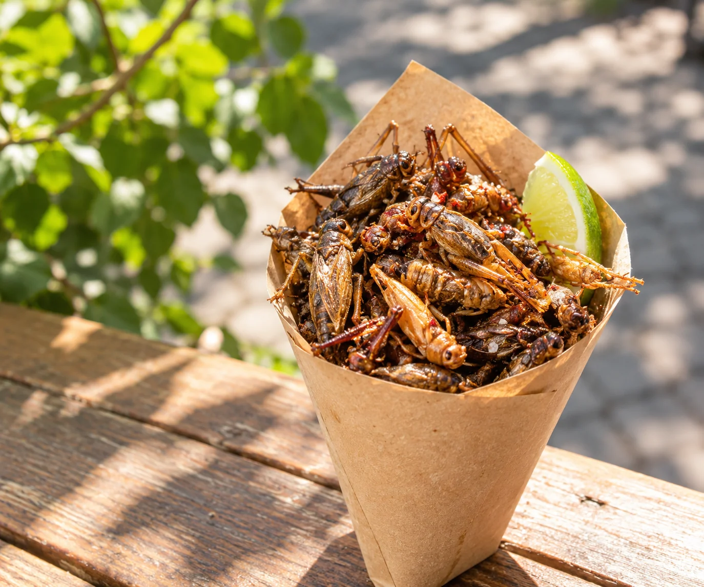Frittierte Insekten auf einem sommerlichen Streetfood-Markt