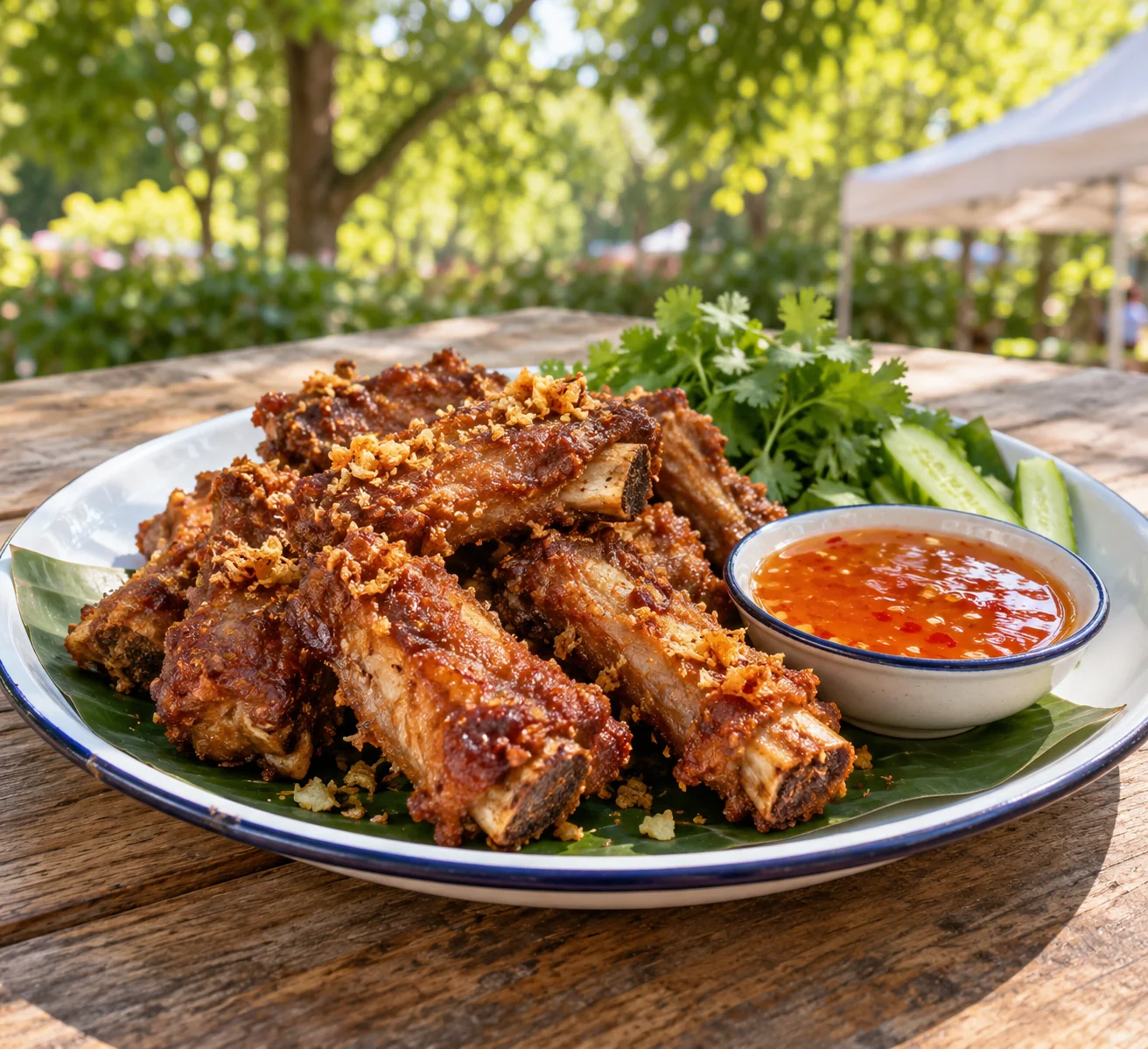 Frittierte Schweinerippchen auf einem sommerlichen Streetfood-Markt