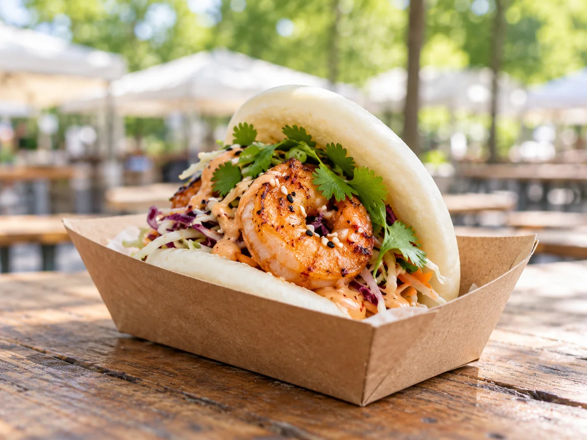 Garnelen-Bao als thailändisches Streetfood auf einem sommerlichen Berliner Markt