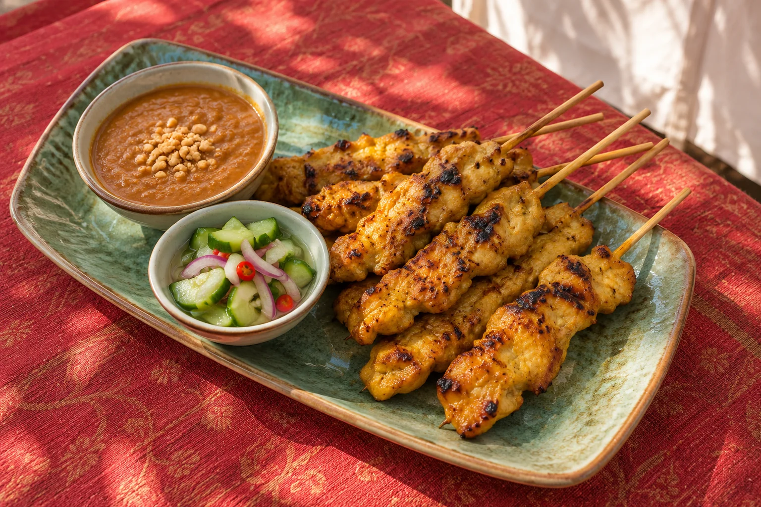 Hähnchenspieße (Satay) auf einem sommerlichen Streetfood-Markt
