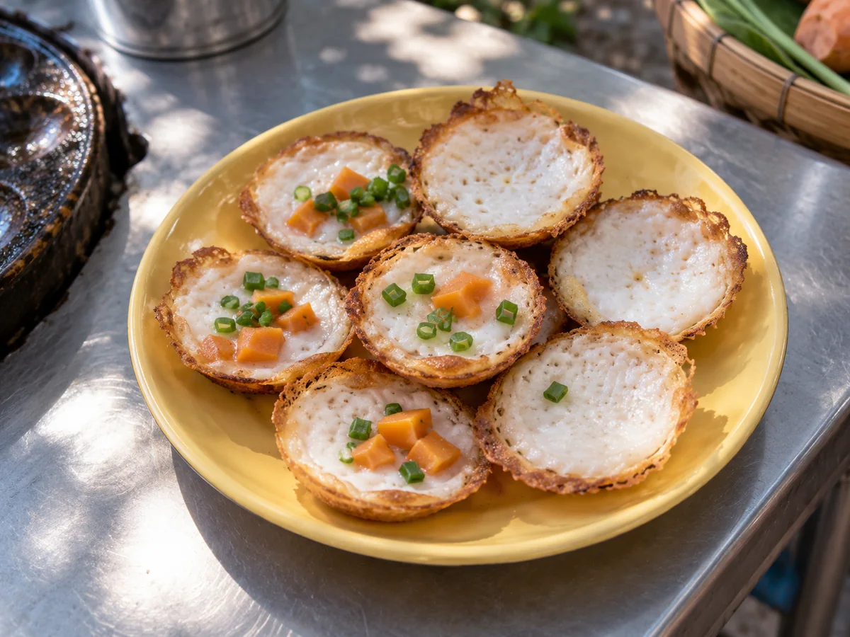 Khanom Krok mit Süßkartoffel als thailändisches Streetfood auf einem sommerlichen Berliner Markt