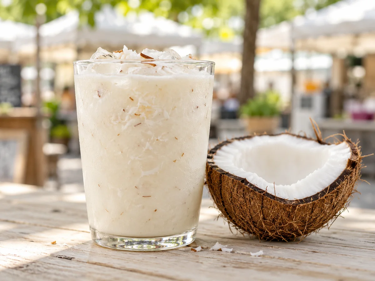 Kokos-Smoothie als thailändisches Streetfood auf einem sommerlichen Berliner Markt