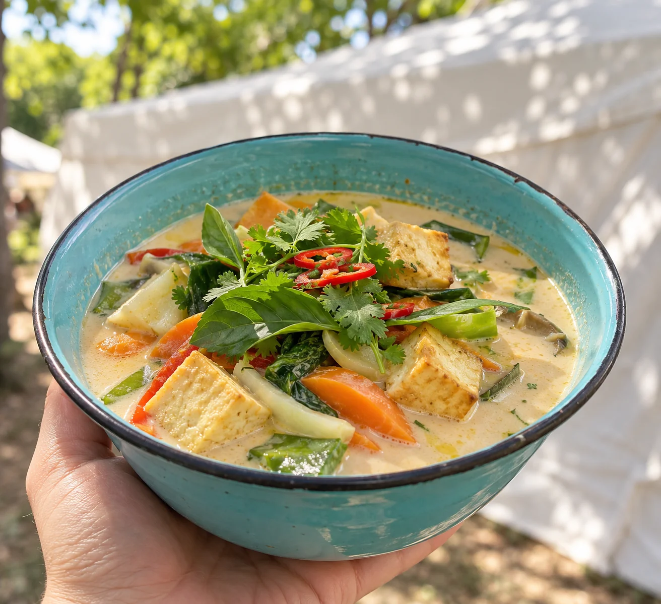 Kokosmilchsuppe auf einem sommerlichen Streetfood-Markt