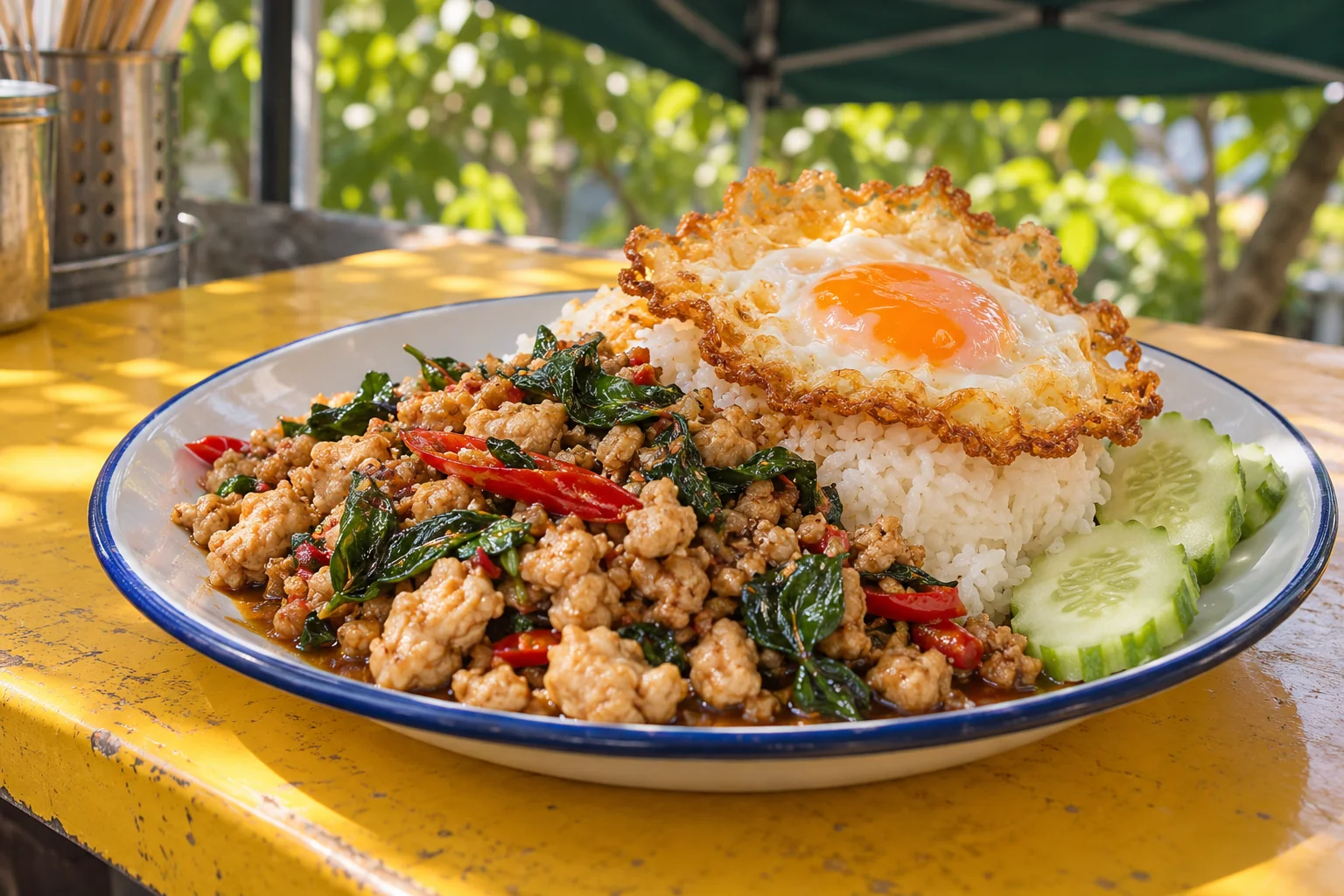 Krapao Gai auf einem sommerlichen Streetfood-Markt