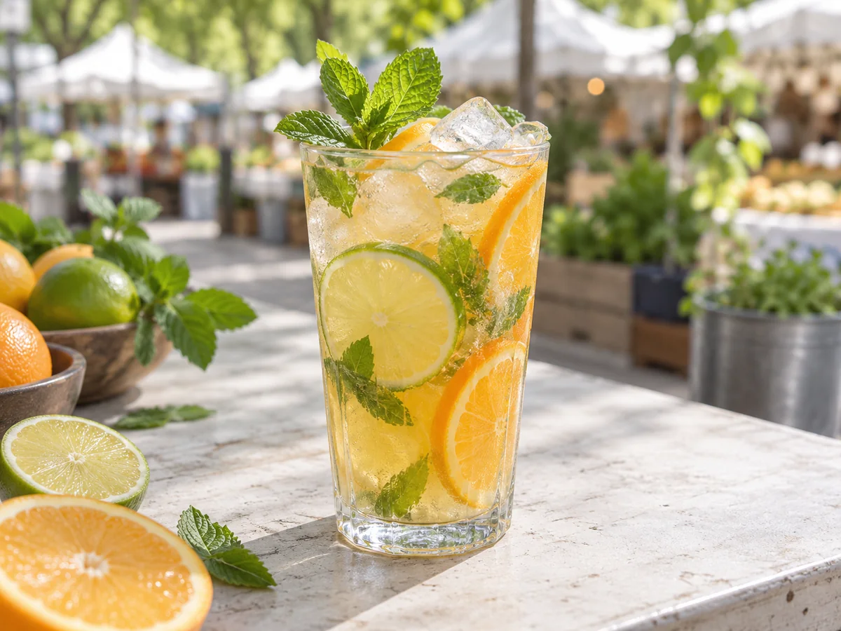 Limette-Orange-Mocktail als thailändisches Streetfood auf einem sommerlichen Berliner Markt