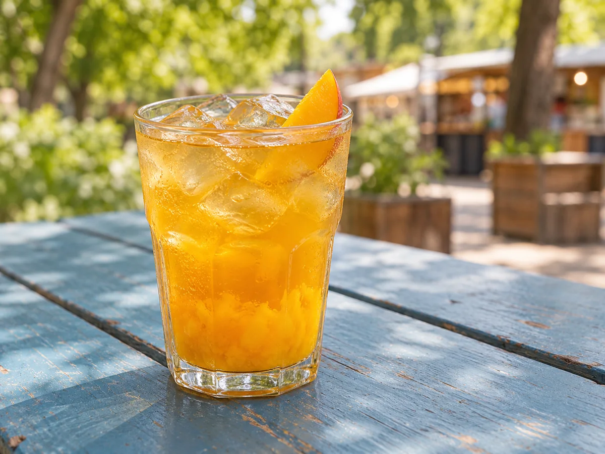 Mango-Eistee als thailändisches Streetfood auf einem sommerlichen Berliner Markt
