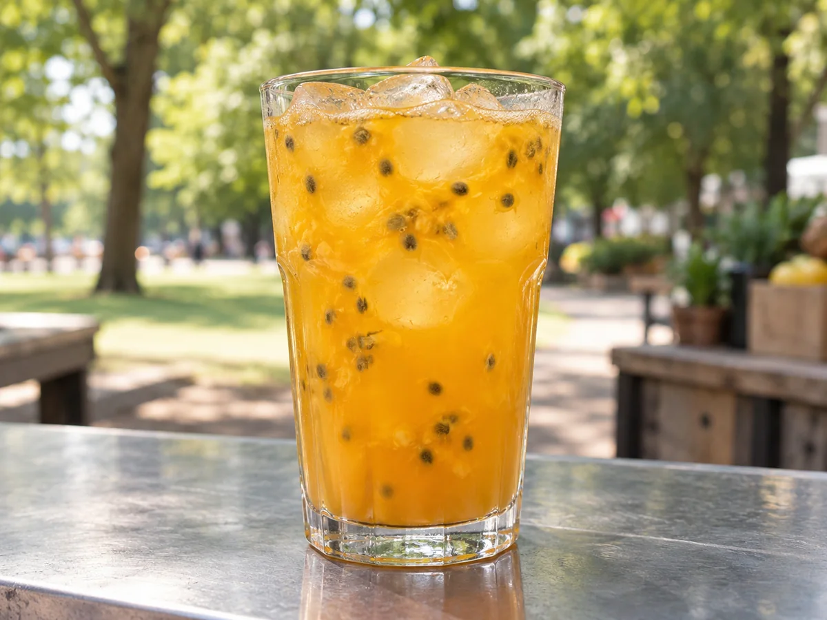 Mango-Maracuja-Eistee als thailändisches Streetfood auf einem sommerlichen Berliner Markt