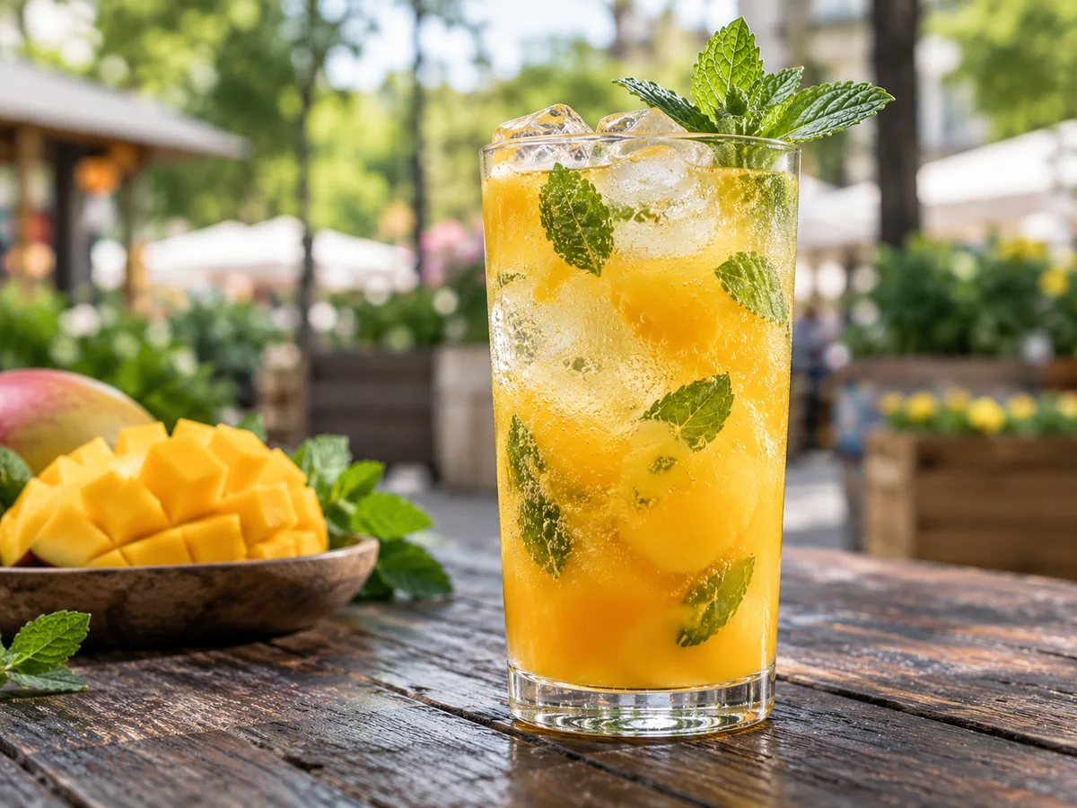 Mango-Minze-Mocktail als thailändisches Streetfood auf einem sommerlichen Berliner Markt