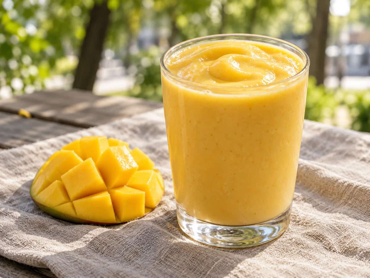 Mango-Smoothie als thailändisches Streetfood auf einem sommerlichen Berliner Markt