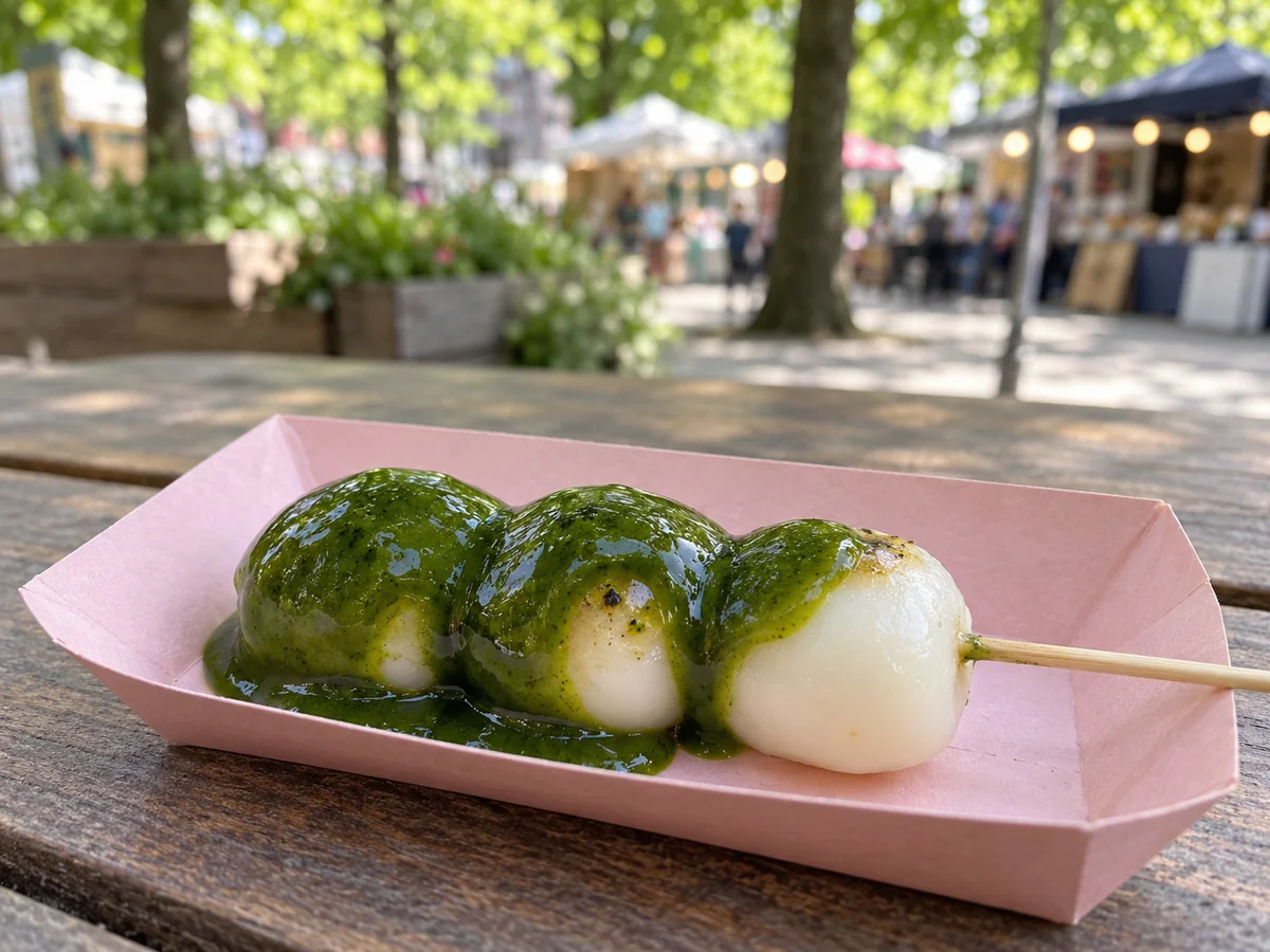 Dango-Spieße mit Matcha als thailändisches Streetfood auf einem sommerlichen Berliner Markt
