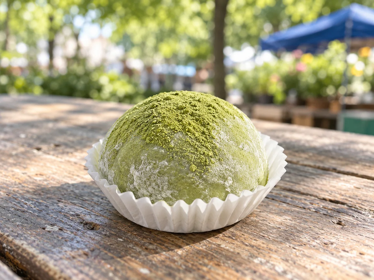 Matcha-Mochi als thailändisches Streetfood auf einem sommerlichen Berliner Markt