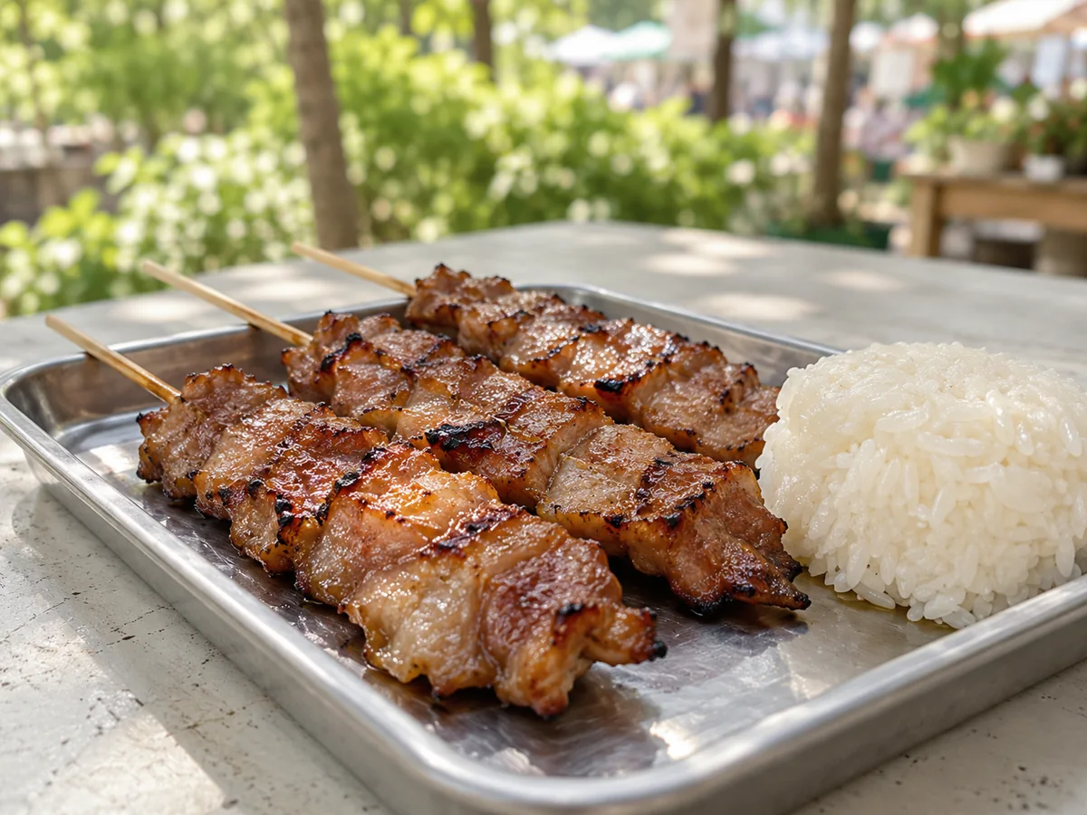 Moo Ping – Schweinespieße als thailändisches Streetfood auf einem sommerlichen Berliner Markt
