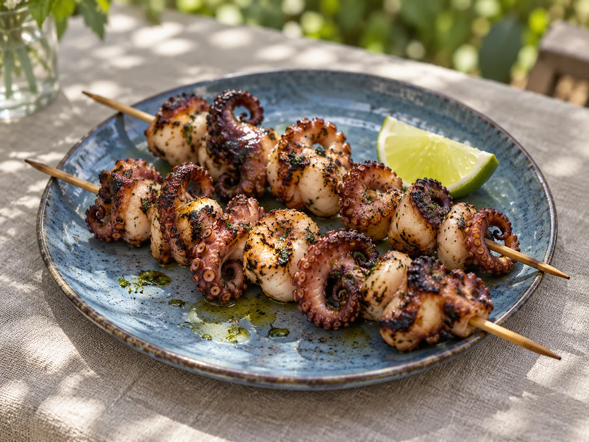 Gegrillte Oktopusspieße als thailändisches Streetfood auf einem sommerlichen Berliner Markt