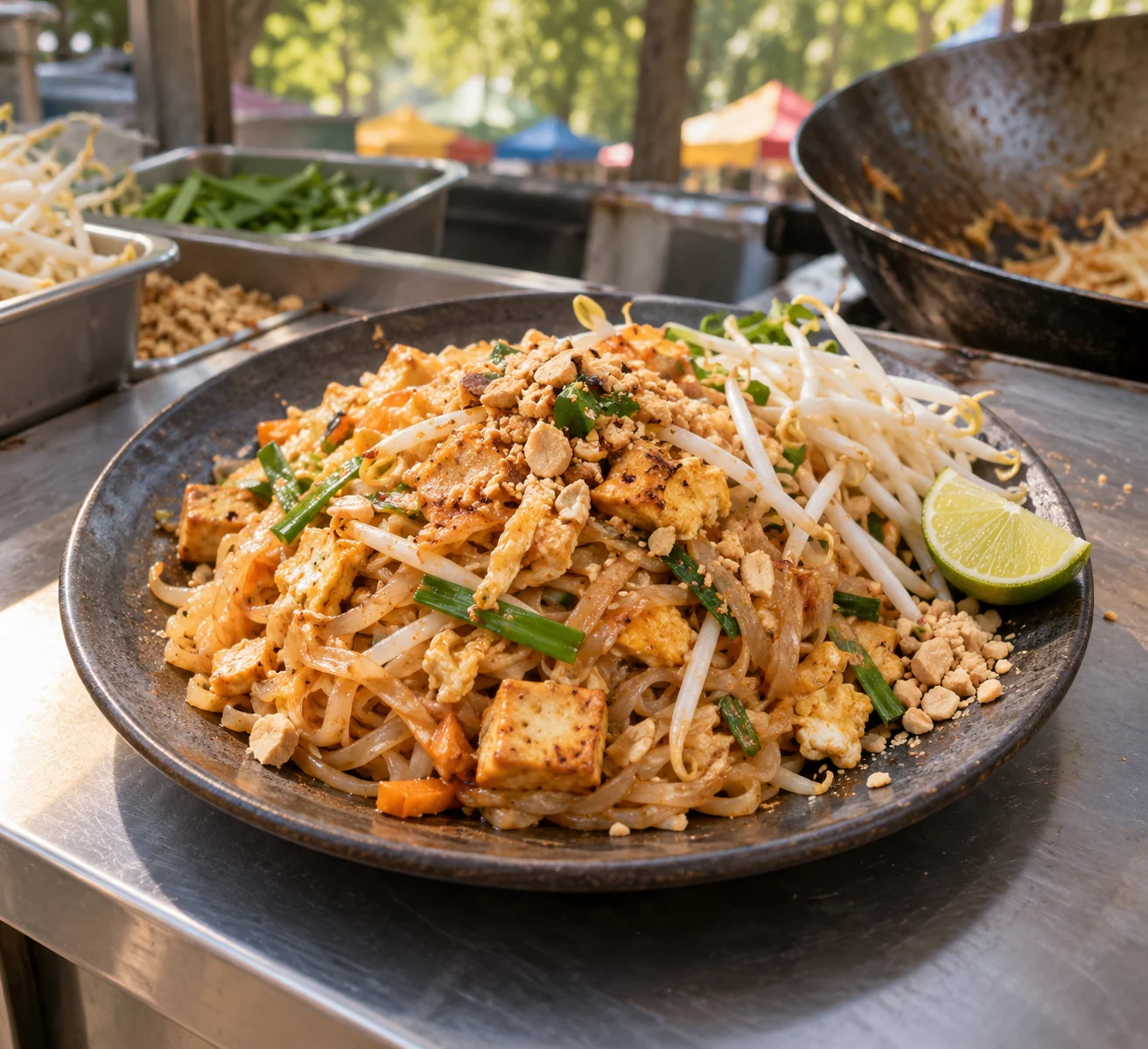Pad Thai als thailändisches Streetfood auf einem sommerlichen Berliner Markt