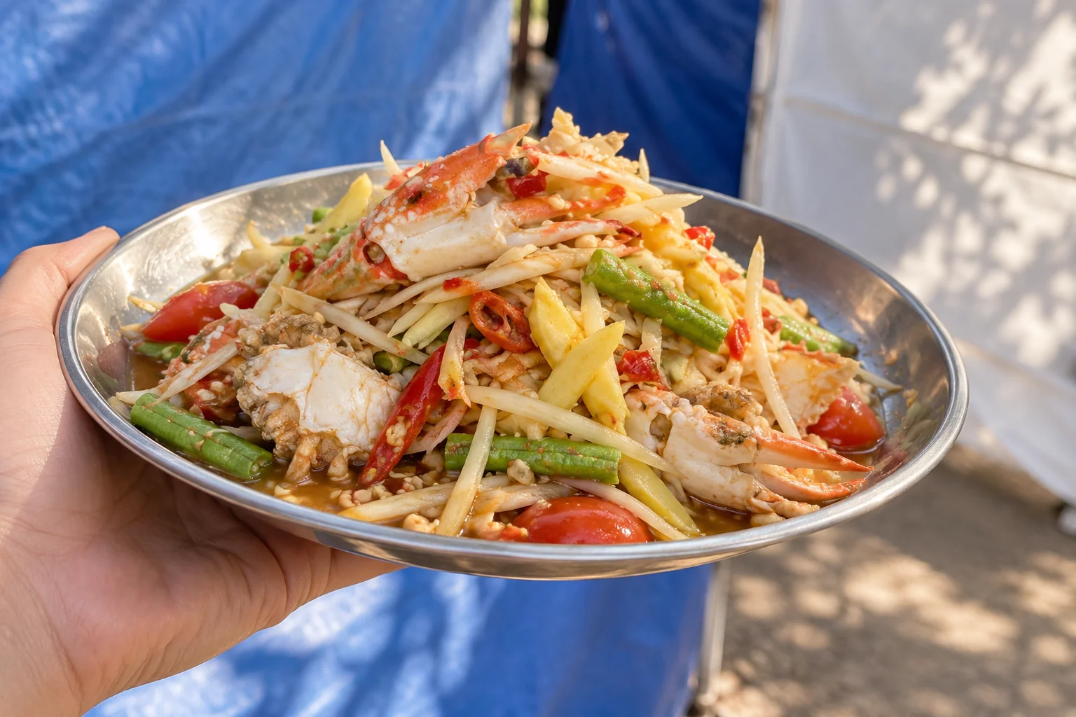 Som Tam Pu Ma Dong auf einem sommerlichen Streetfood-Markt