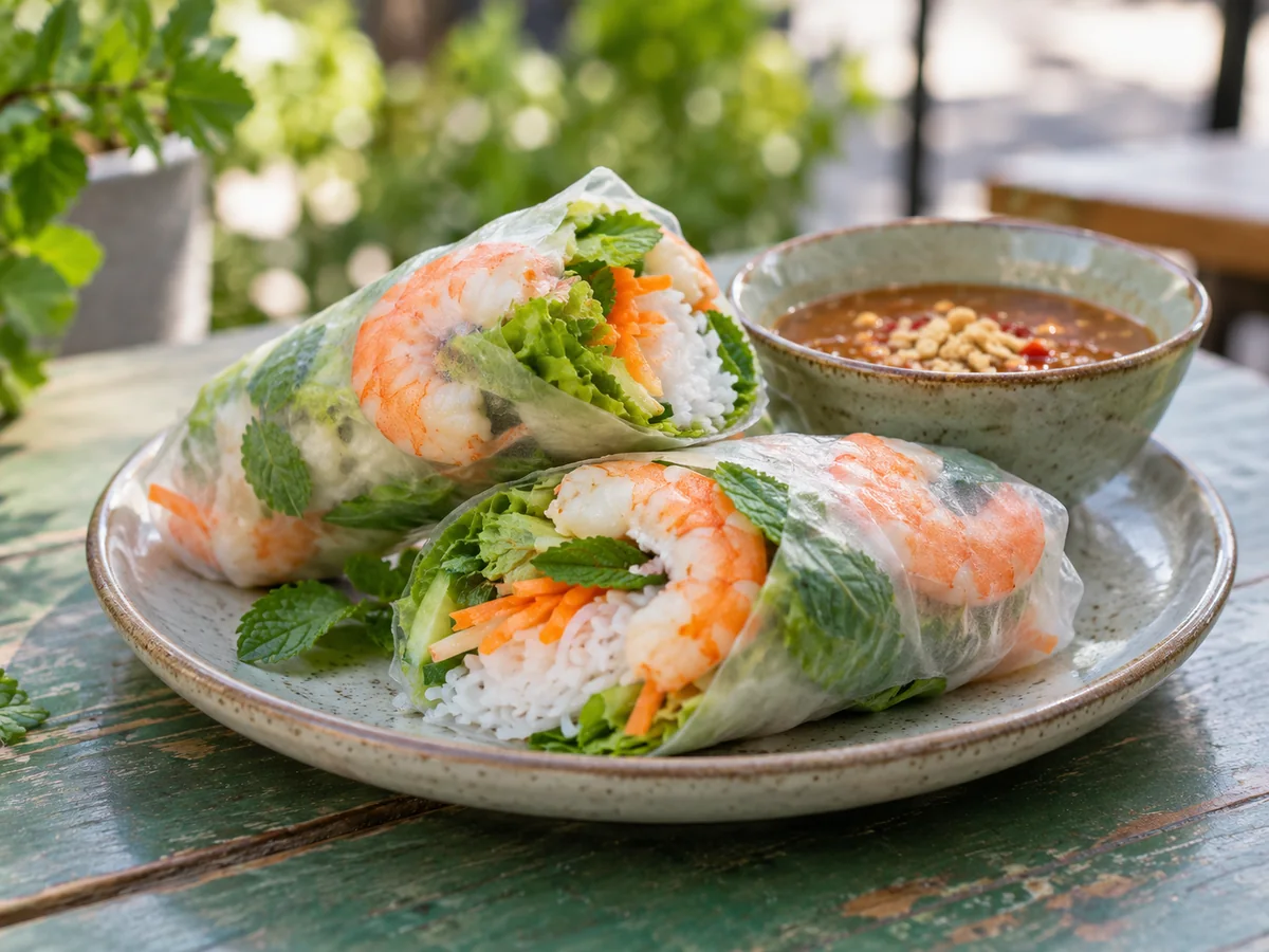 Sommerrollen mit Garnelen als thailändisches Streetfood auf einem sommerlichen Berliner Markt