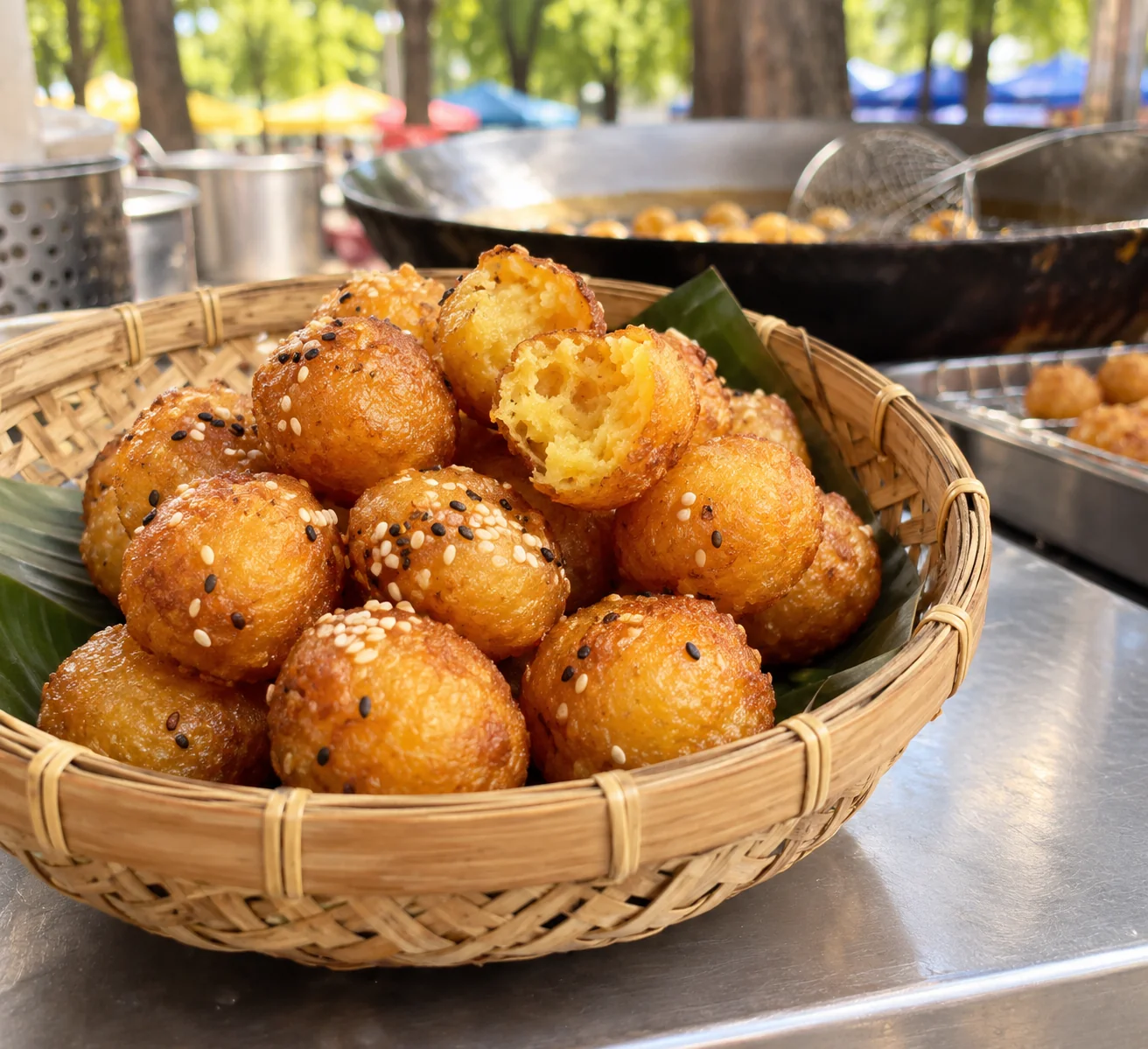 Süßkartoffelbällchen auf einem sommerlichen Streetfood-Markt