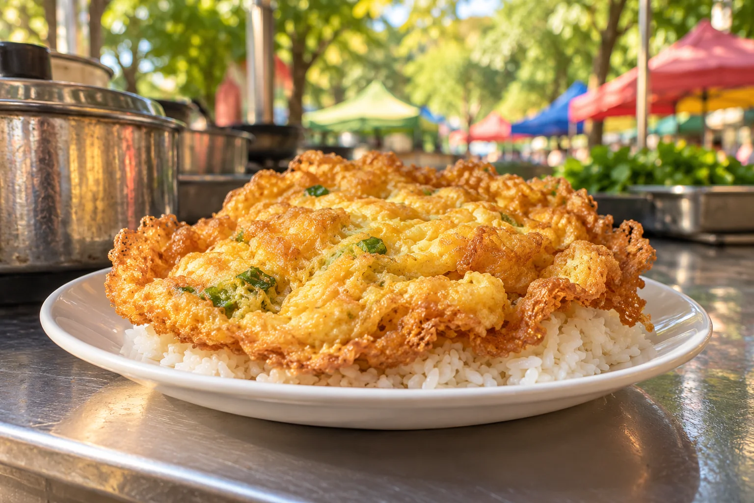 Thai Omelett auf einem sommerlichen Streetfood-Markt