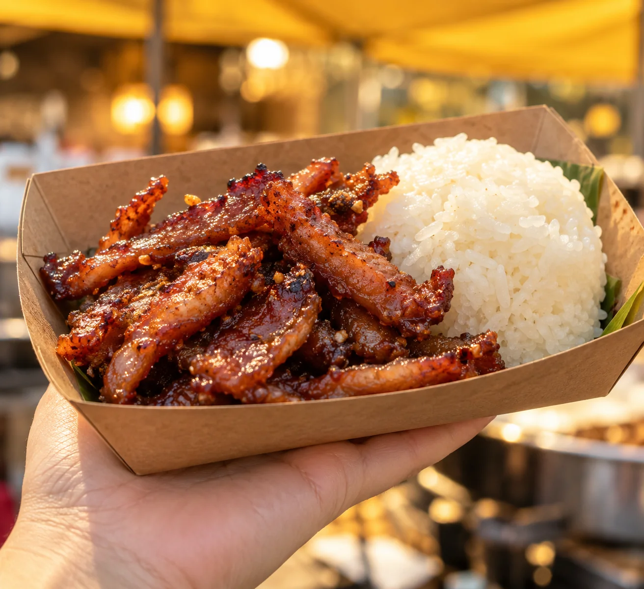 Thai Pork Jerky auf einem sommerlichen Streetfood-Markt