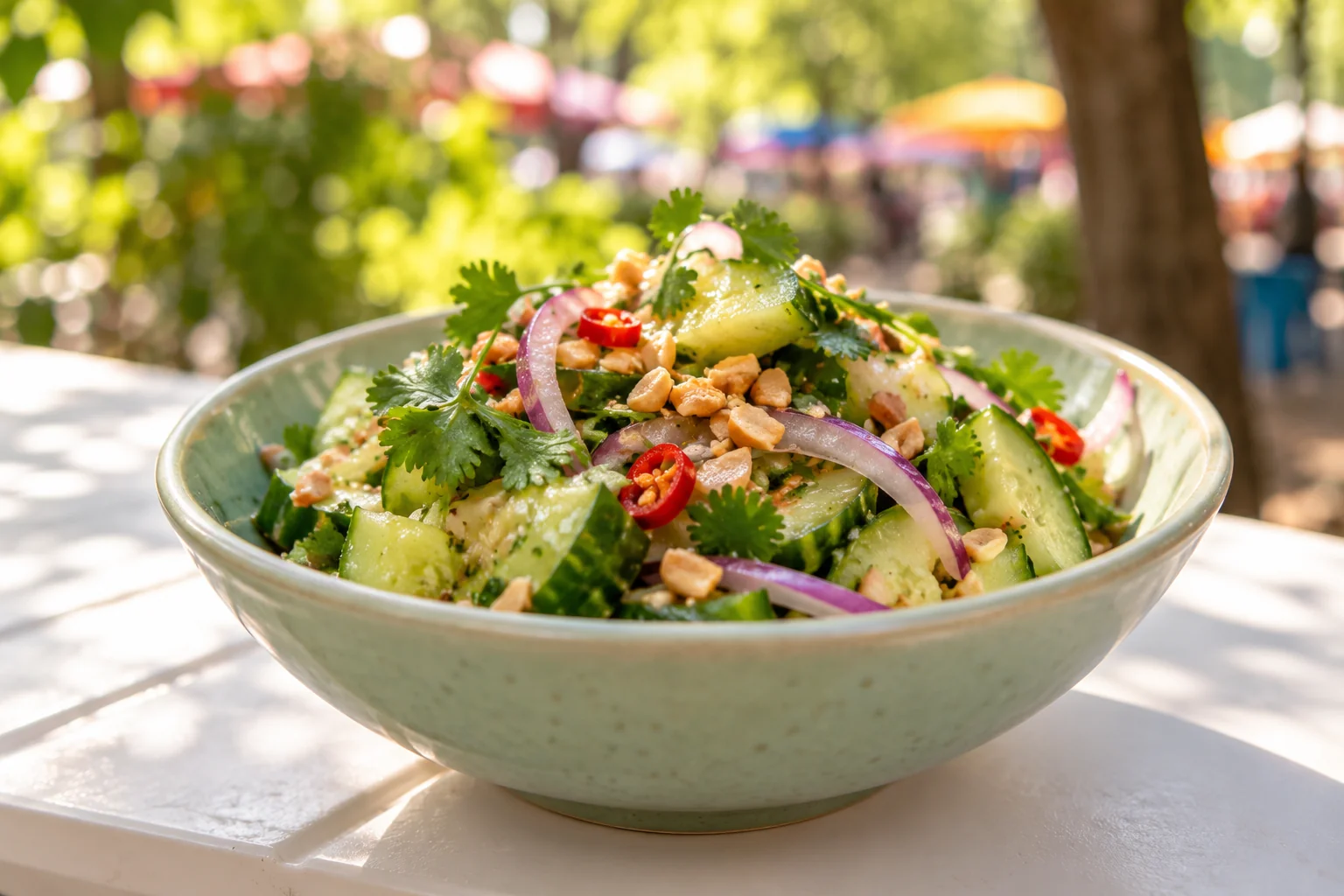 Thailändischer Gurkensalat auf einem sommerlichen Streetfood-Markt