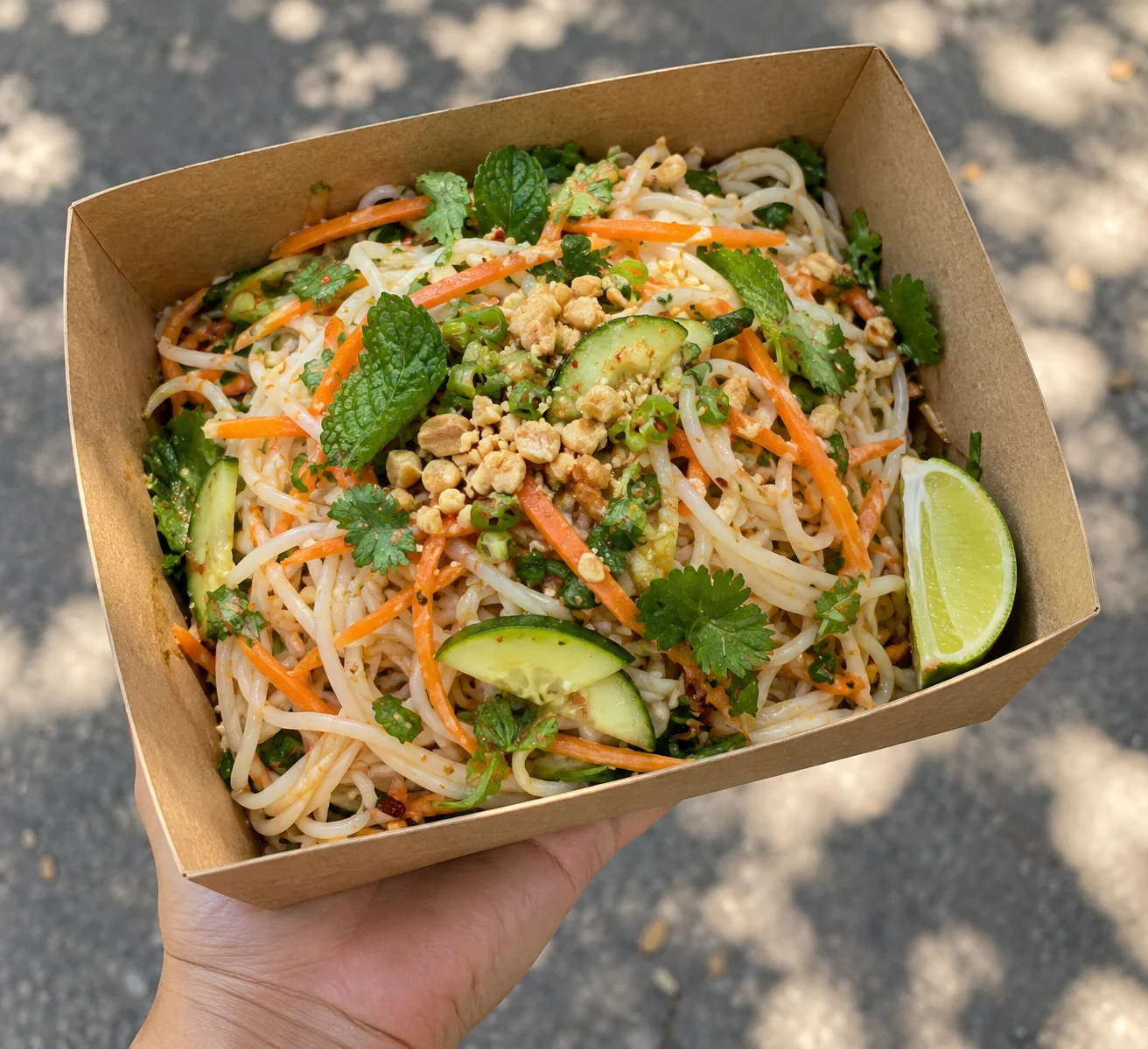 Thailändischer Nudelsalat auf einem sommerlichen Streetfood-Markt