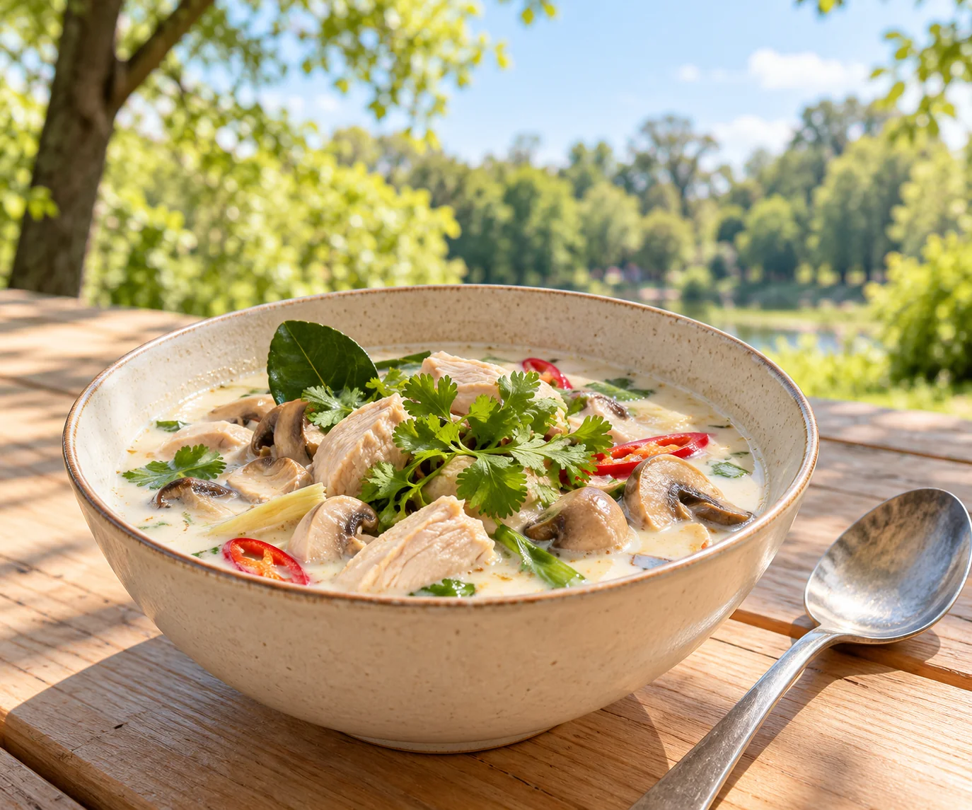 Tom Kha Gai auf einem sommerlichen Streetfood-Markt