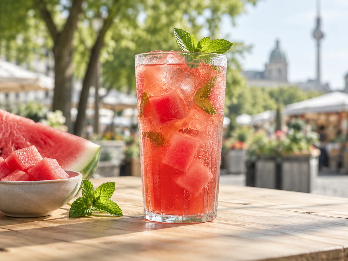 Wassermelonen-Eistee als thailändisches Streetfood auf einem sommerlichen Berliner Markt