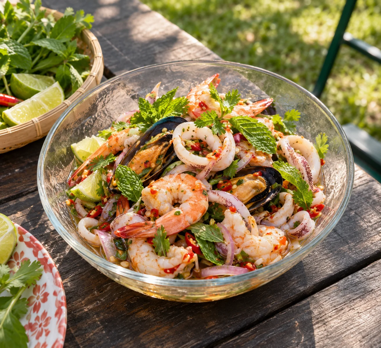 Yam Ruam Mit Talay auf einem sommerlichen Streetfood-Markt