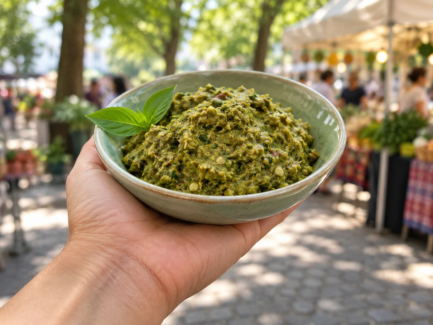 Grüne Currypaste als hausgemachte Thai-Würze auf einem sommerlichen Berliner Streetfood-Markt