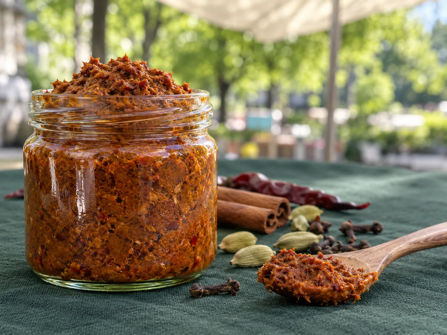 Massaman-Currypaste als hausgemachte Thai-Würze auf einem sommerlichen Berliner Streetfood-Markt