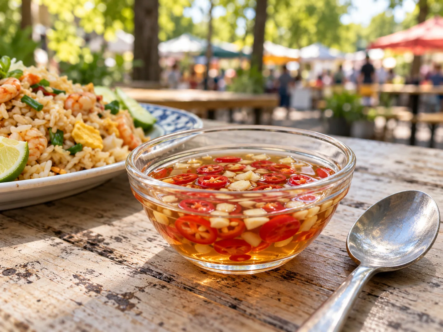Prik Nam Pla als hausgemachte Thai-Würze auf einem sommerlichen Berliner Streetfood-Markt