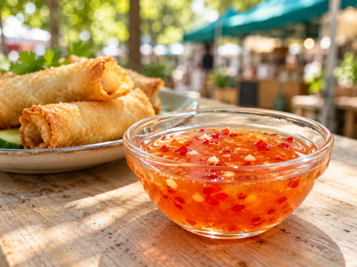 Süß-scharfe Chilisauce als hausgemachte Thai-Würze auf einem sommerlichen Berliner Streetfood-Markt